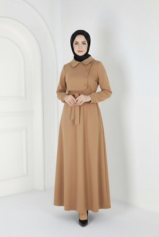 FOR YOU MODA - 44126-6Y-6فستان جوخ - بيج غامق 