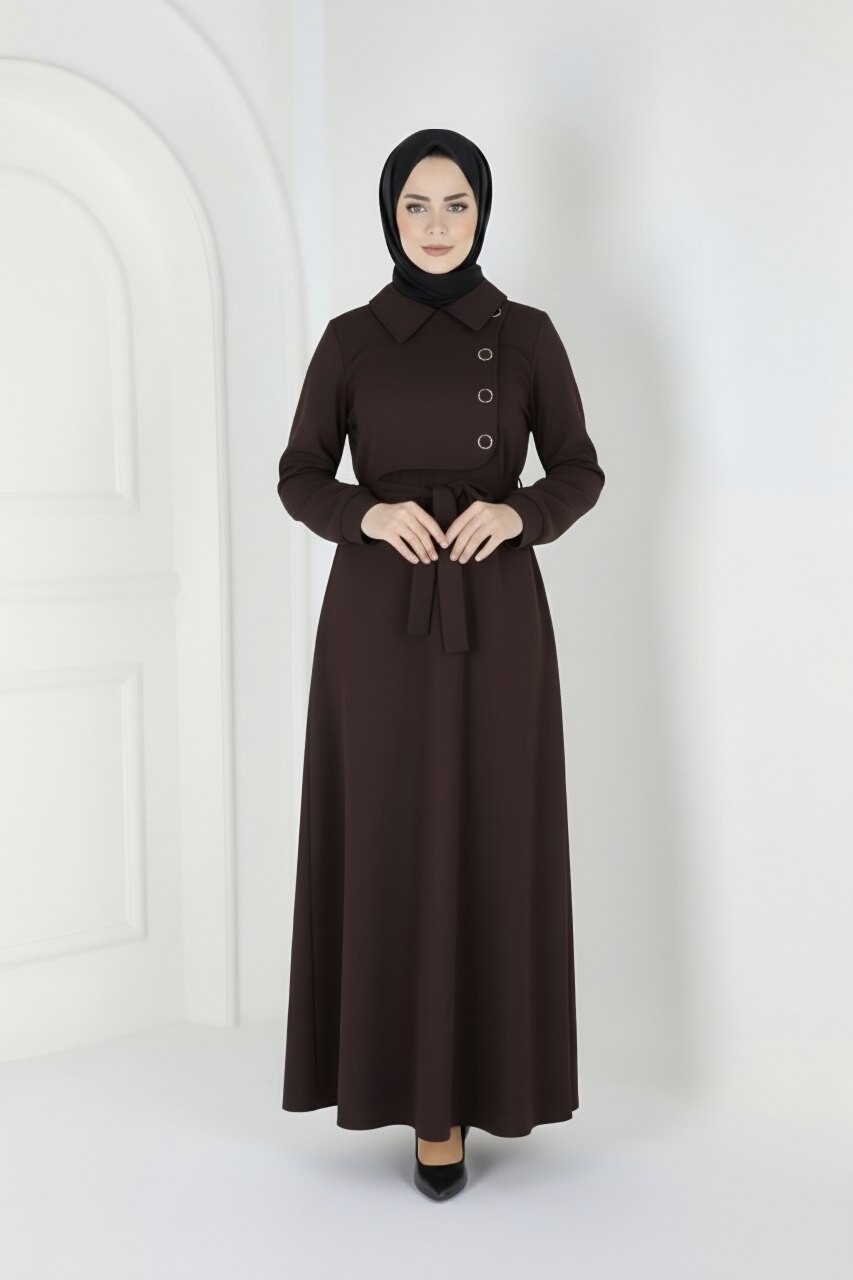 FOR YOU MODA - 44126-6Y-5فستان جوخ - جوزي غامق 