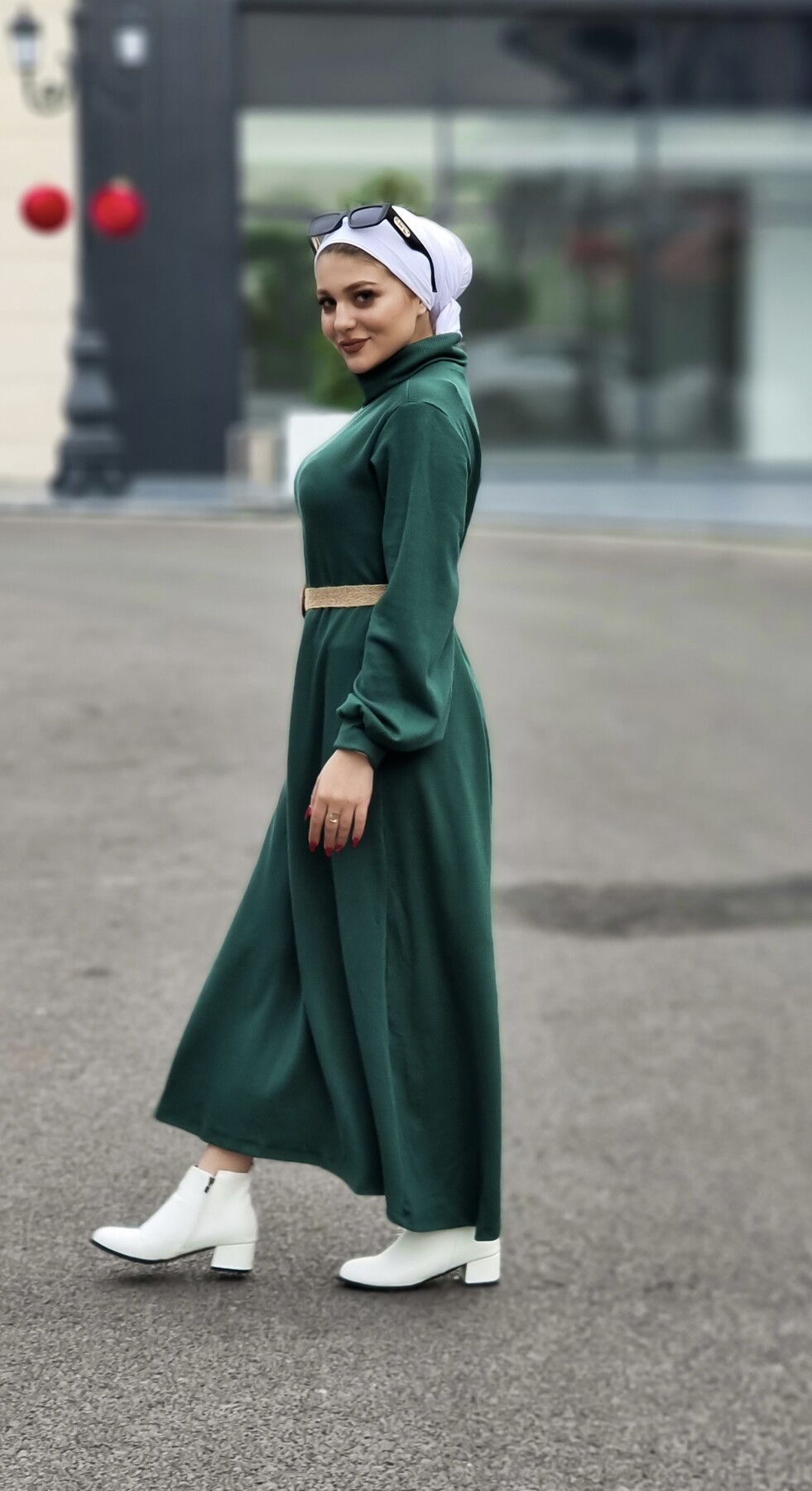 4417-1E-2 فستان مع احزام - اخضر - Thumbnail