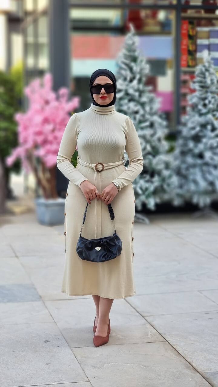 4421-83U-2 فستان مع احزام - اوف وايت - Thumbnail