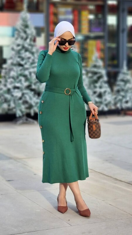 FOR YOU MODA - 4421-83U-4 فستان مع احزام - اخضر