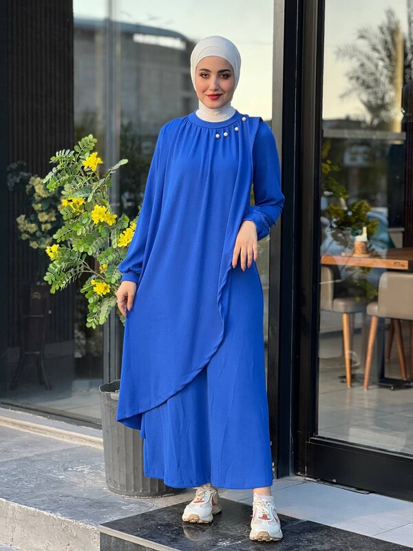 FOR YOU MODA - 4424-6M-4 فستان ساده - ازرق