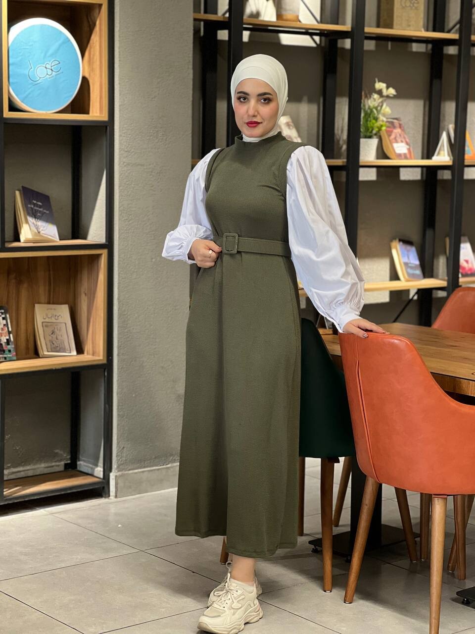 4437-21H-3 فستان لونين - خاكي - Thumbnail