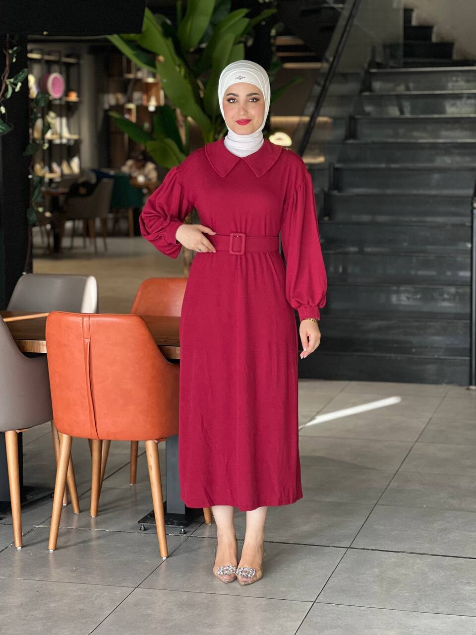 4438-85R-4 فستان مع احزام - ماروني - Thumbnail