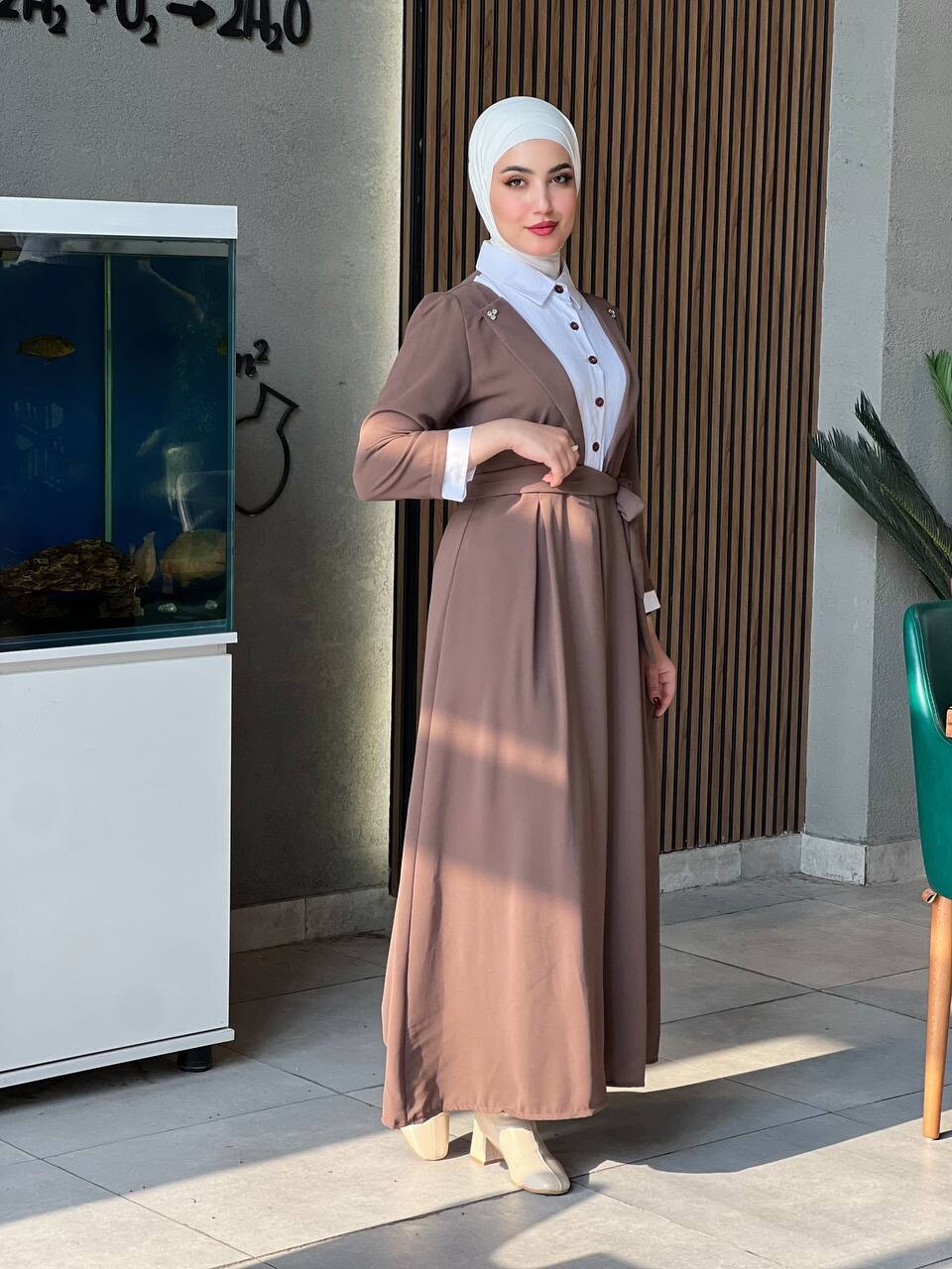 4444-33B-3 فستان ياخة قميص مع حزام - جوزي - Thumbnail