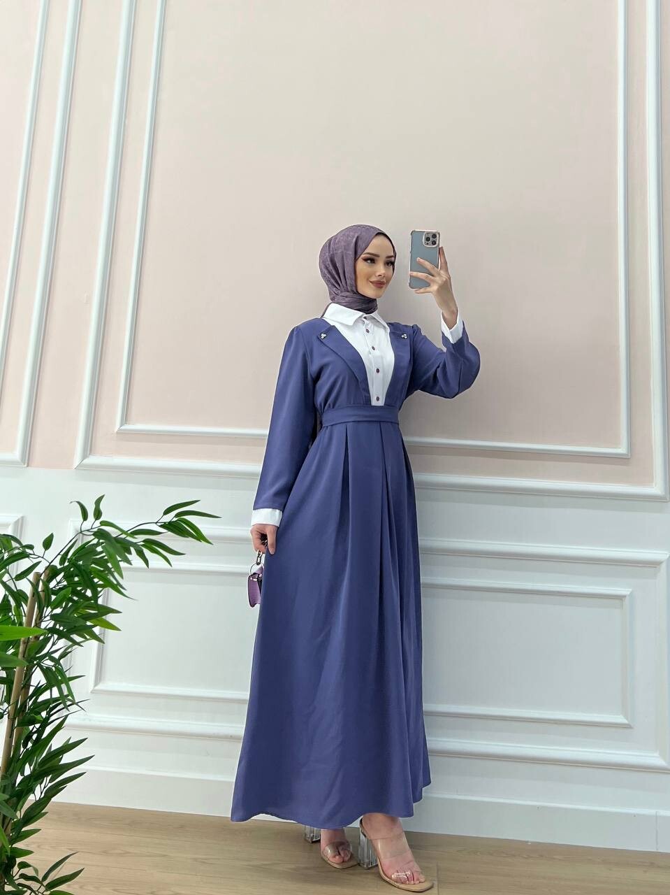 4444-29W-6 فستان ياخة قميص مع حزام - بنفسجي - Thumbnail