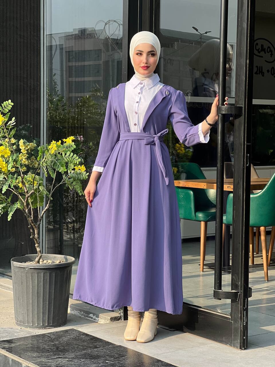 4444-33B-6 فستان ياخة قميص مع حزام - بنفسجي - Thumbnail