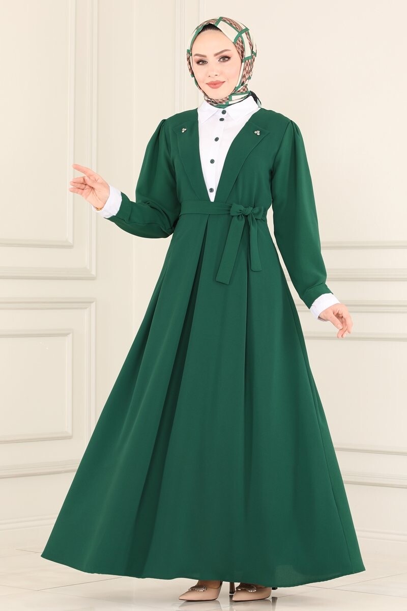 4444-29W-4 فستان ياخة قميص مع حزام - اخضر - Thumbnail