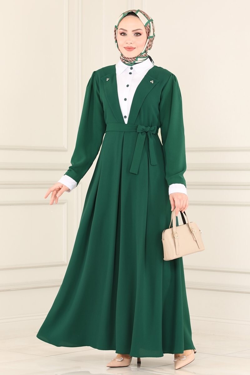 4444-29W-4 فستان ياخة قميص مع حزام - اخضر - Thumbnail