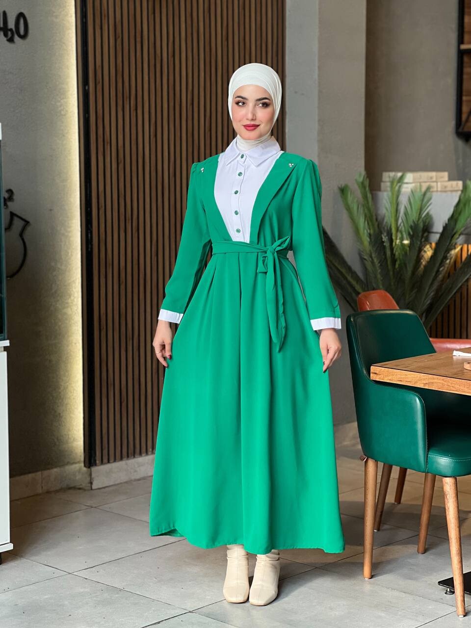 4444-33B-4 فستان ياخة قميص مع حزام - اخضر - Thumbnail