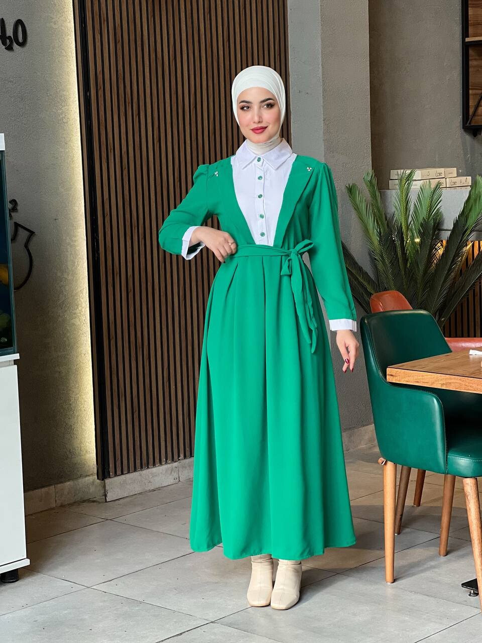 4444-33B-4 فستان ياخة قميص مع حزام - اخضر - Thumbnail