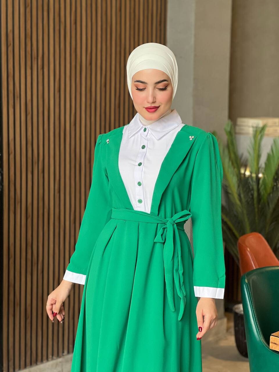 4444-33B-4 فستان ياخة قميص مع حزام - اخضر - Thumbnail