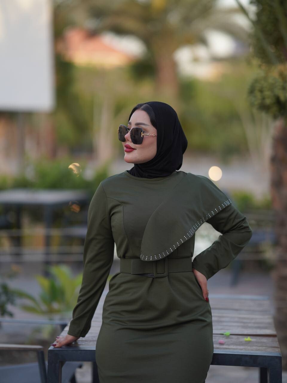 4469-46J-3 فستان مع احزام - خاكي - Thumbnail