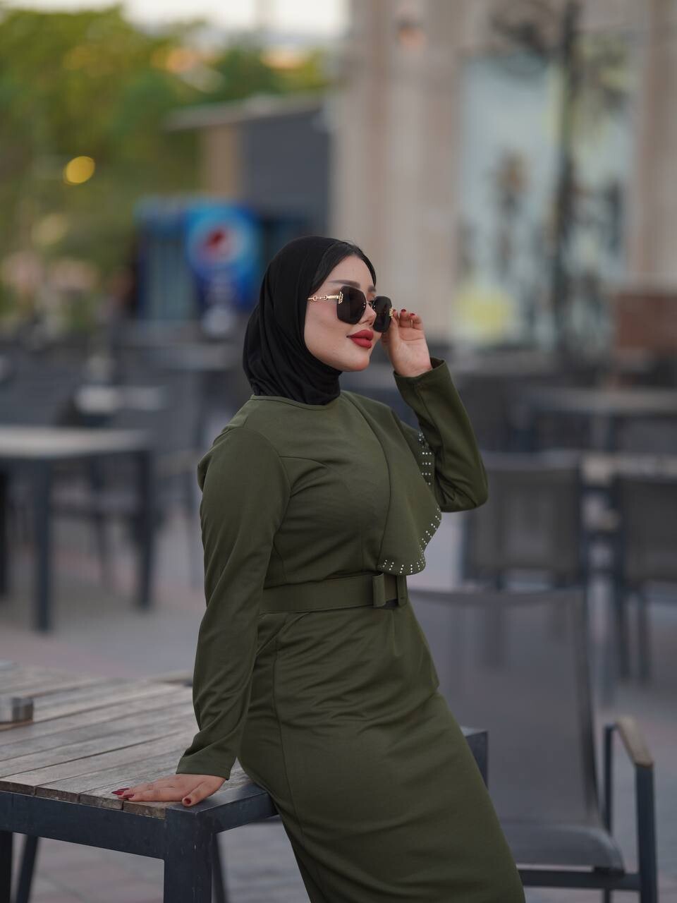 4469-46J-3 فستان مع احزام - خاكي - Thumbnail