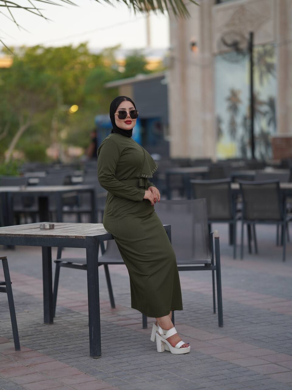 4469-46J-3 فستان مع احزام - خاكي - Thumbnail