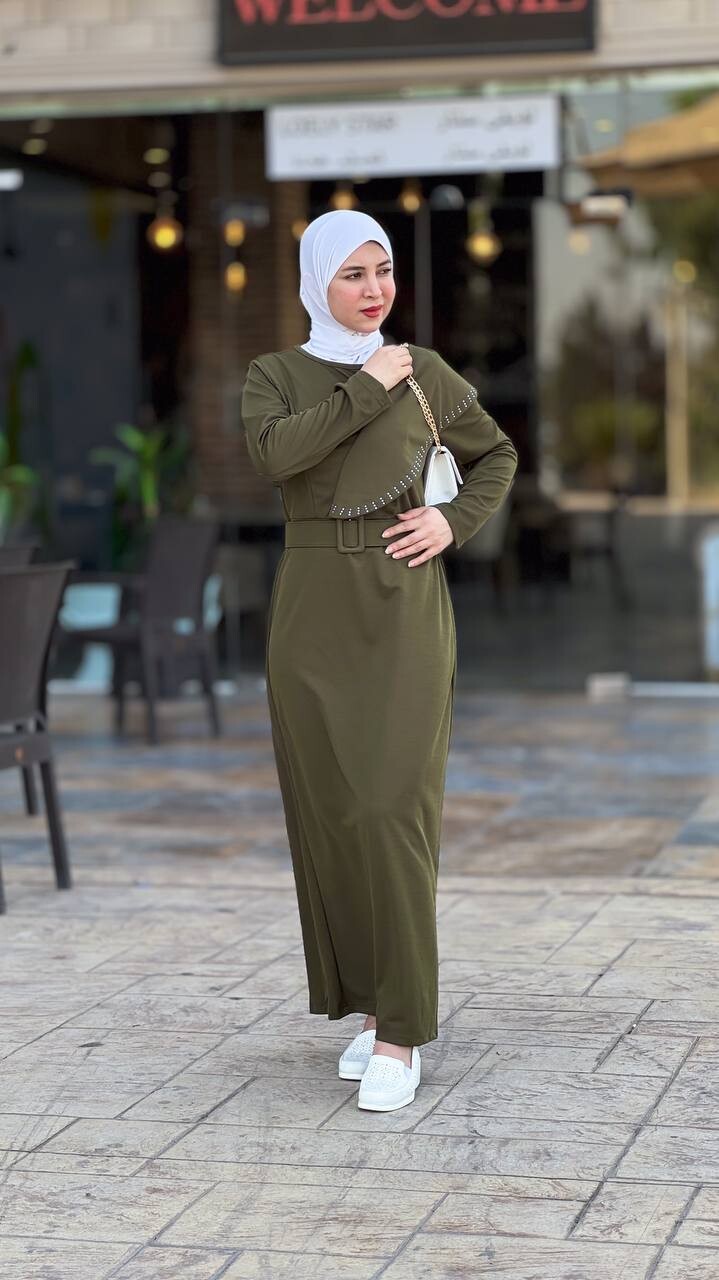 4469-46J-3 فستان مع احزام - خاكي - Thumbnail