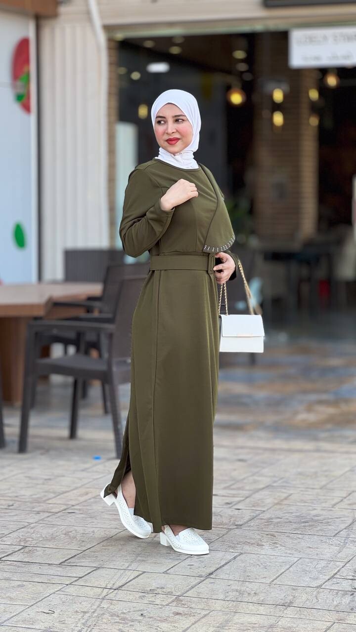 4469-46J-3 فستان مع احزام - خاكي - Thumbnail