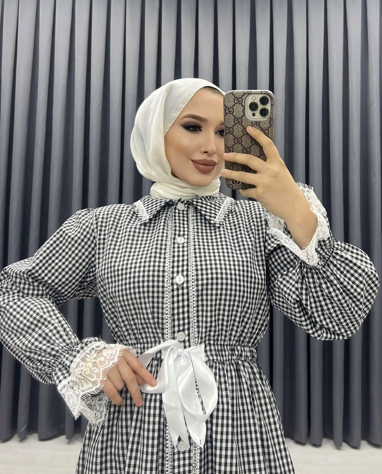 4481-18I-1 فستان لونين - اسود ابيض - Thumbnail