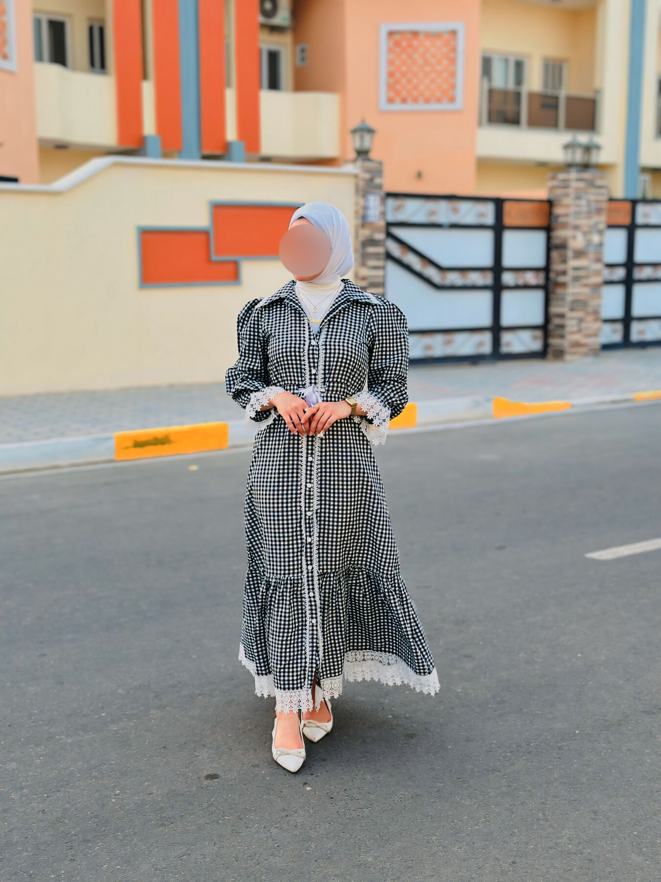 4481-18I-1 فستان لونين - اسود ابيض - Thumbnail