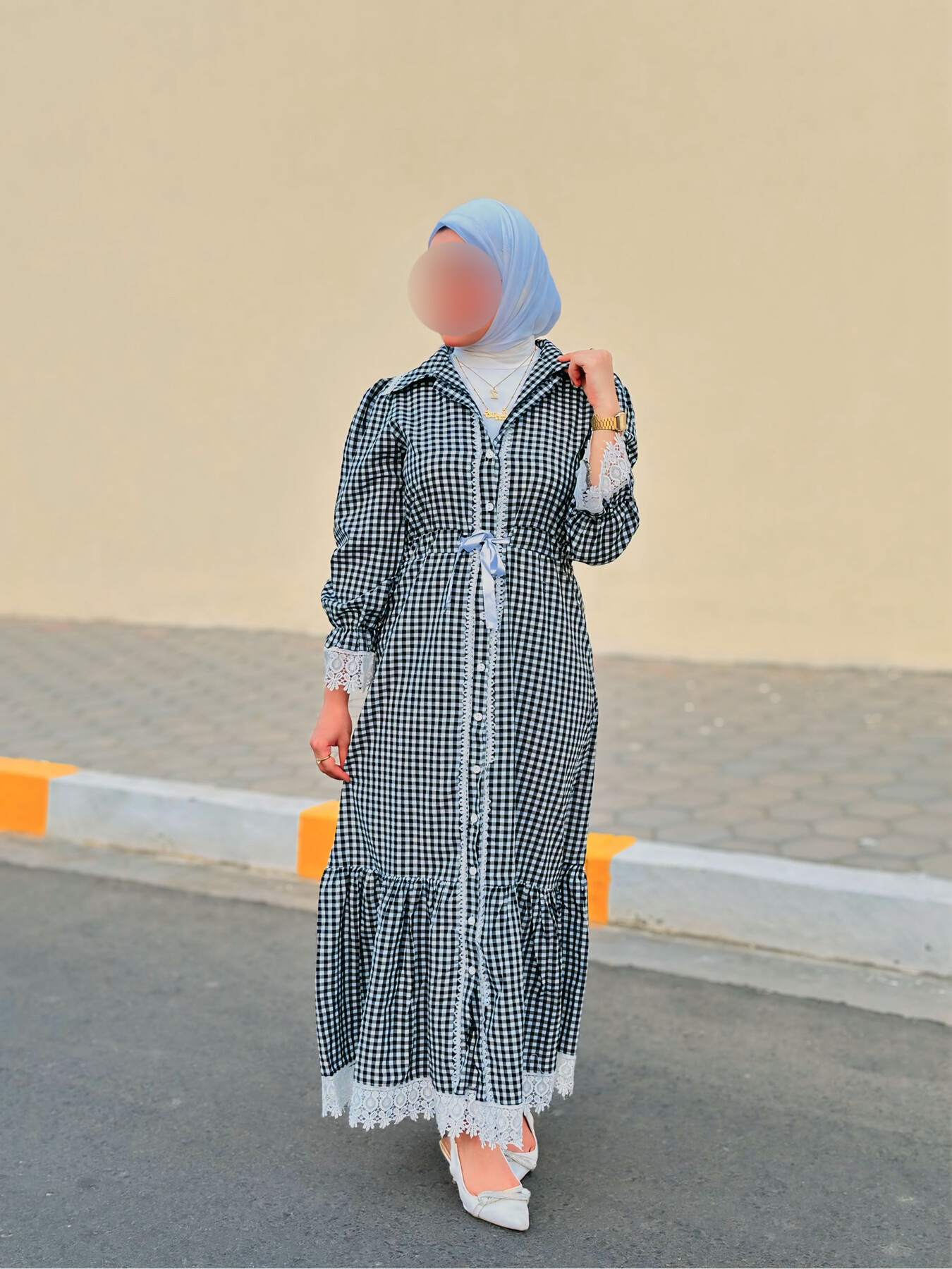 4481-18I-1 فستان لونين - اسود ابيض - Thumbnail