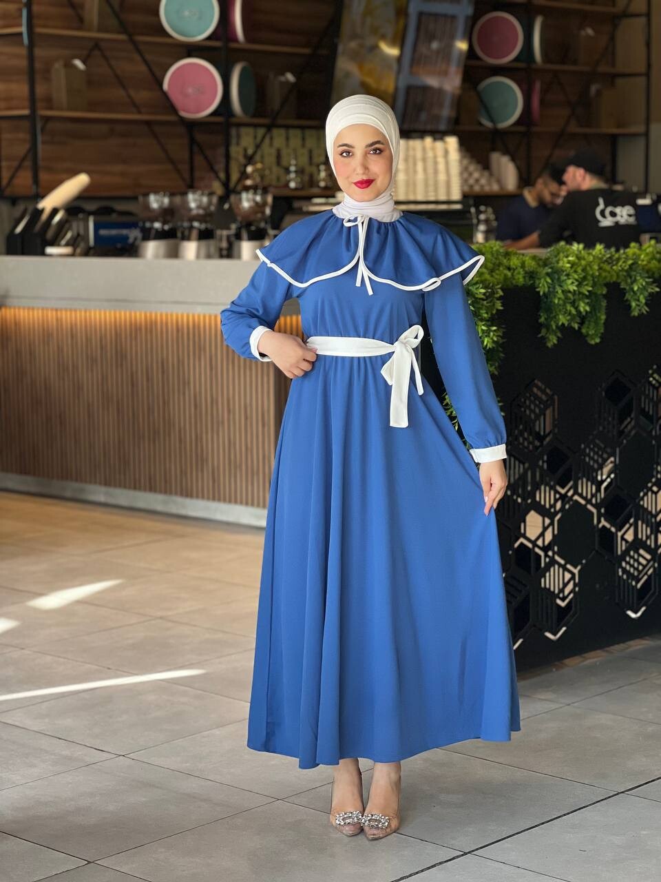 4485-31B-3 فستان مع احزام - ازرق - Thumbnail