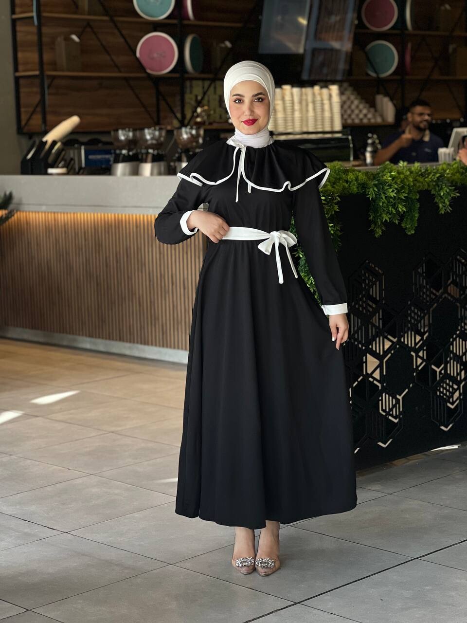 4485-31B-1 فستان مع احزام - اسود - Thumbnail