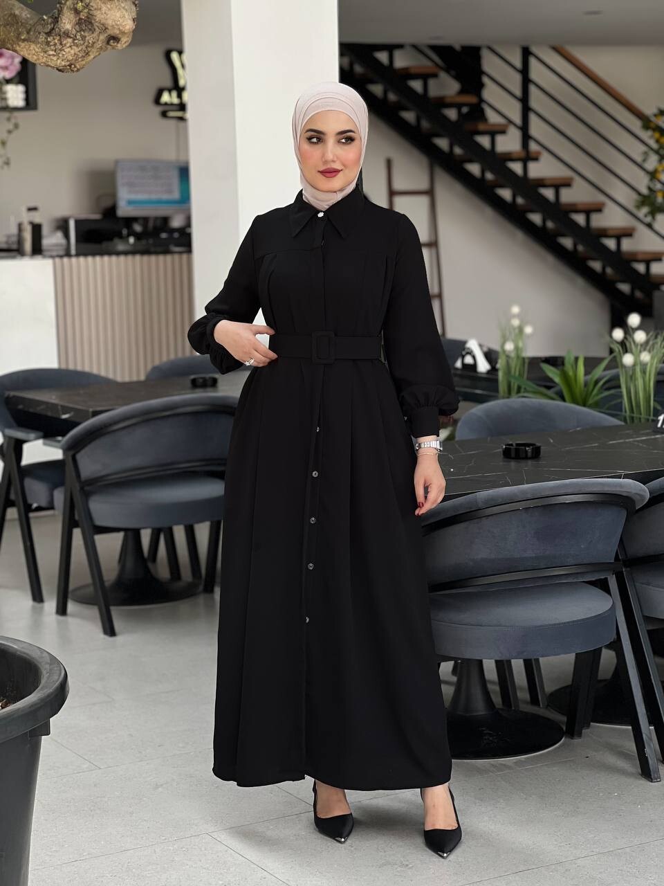 4486-1N-1- فستان لون اسود - Thumbnail