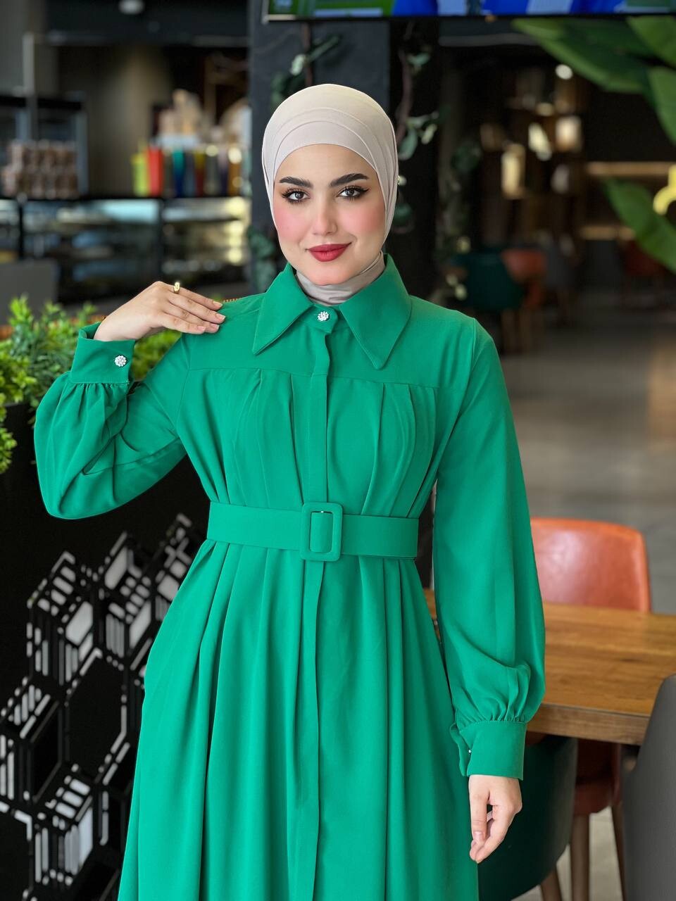 4486-1N- 2- فستان لون اخضر - Thumbnail