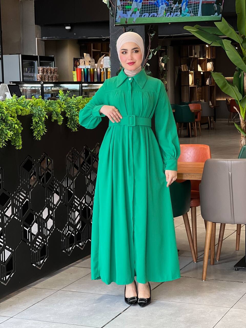 4486-1N- 2- فستان لون اخضر - Thumbnail