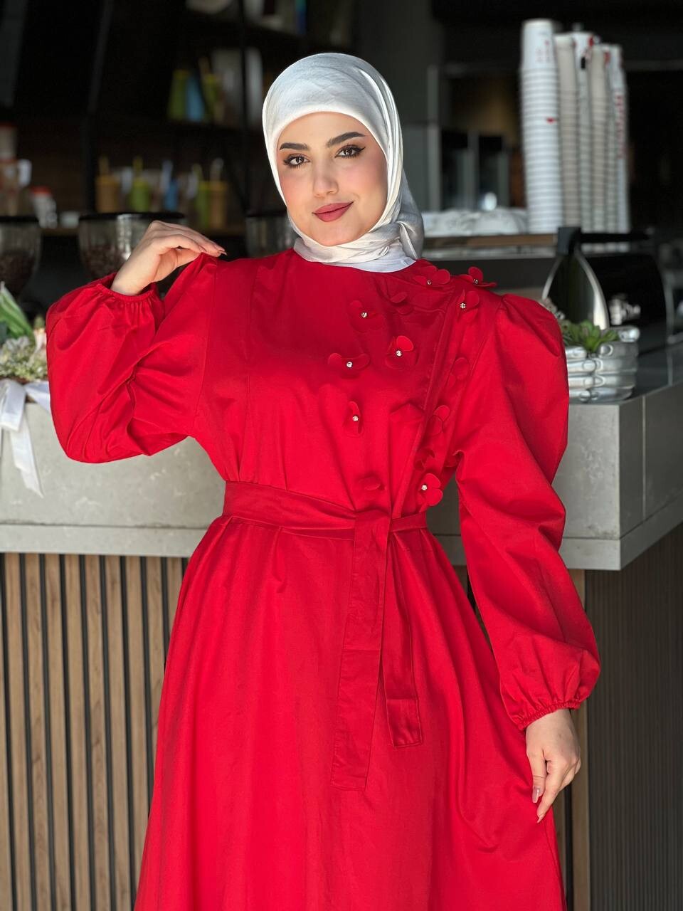 4506-13O-3 فستان - احمر - Thumbnail