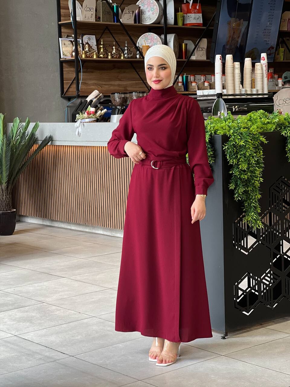 4509-1A-2 فستان- ماروني - Thumbnail
