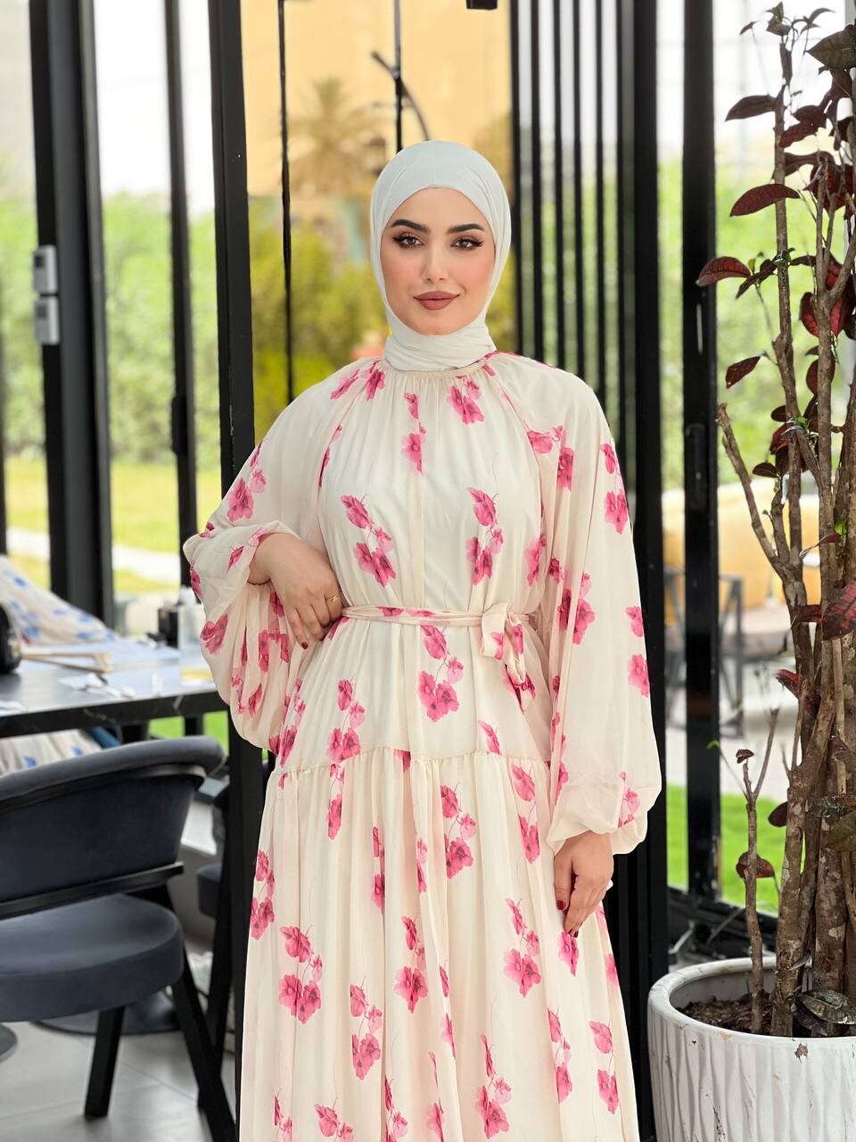 4526-9k-5 فستان شيفون - وردي - Thumbnail