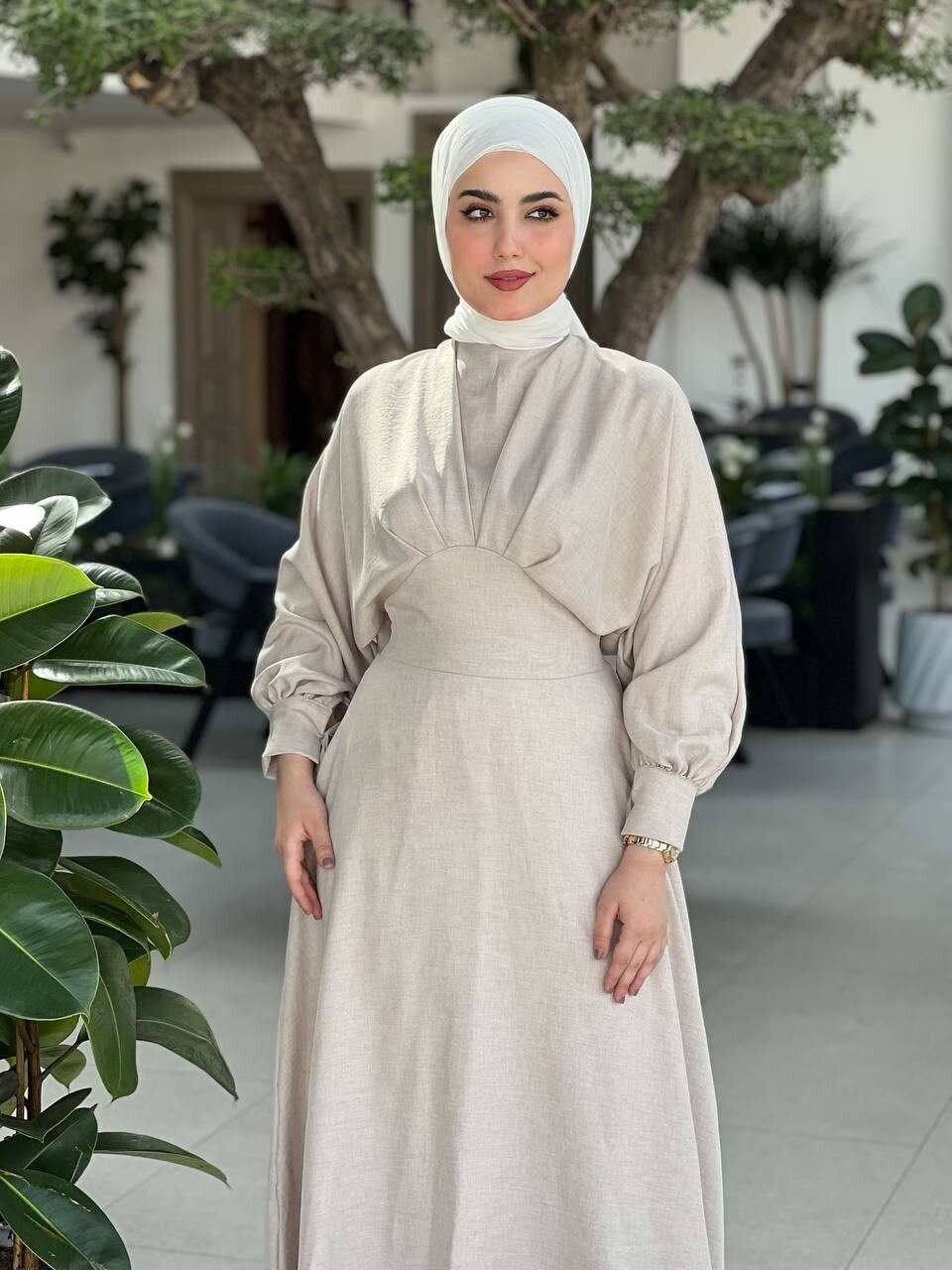 4535-17K-1 فستان - لون بيج - Thumbnail