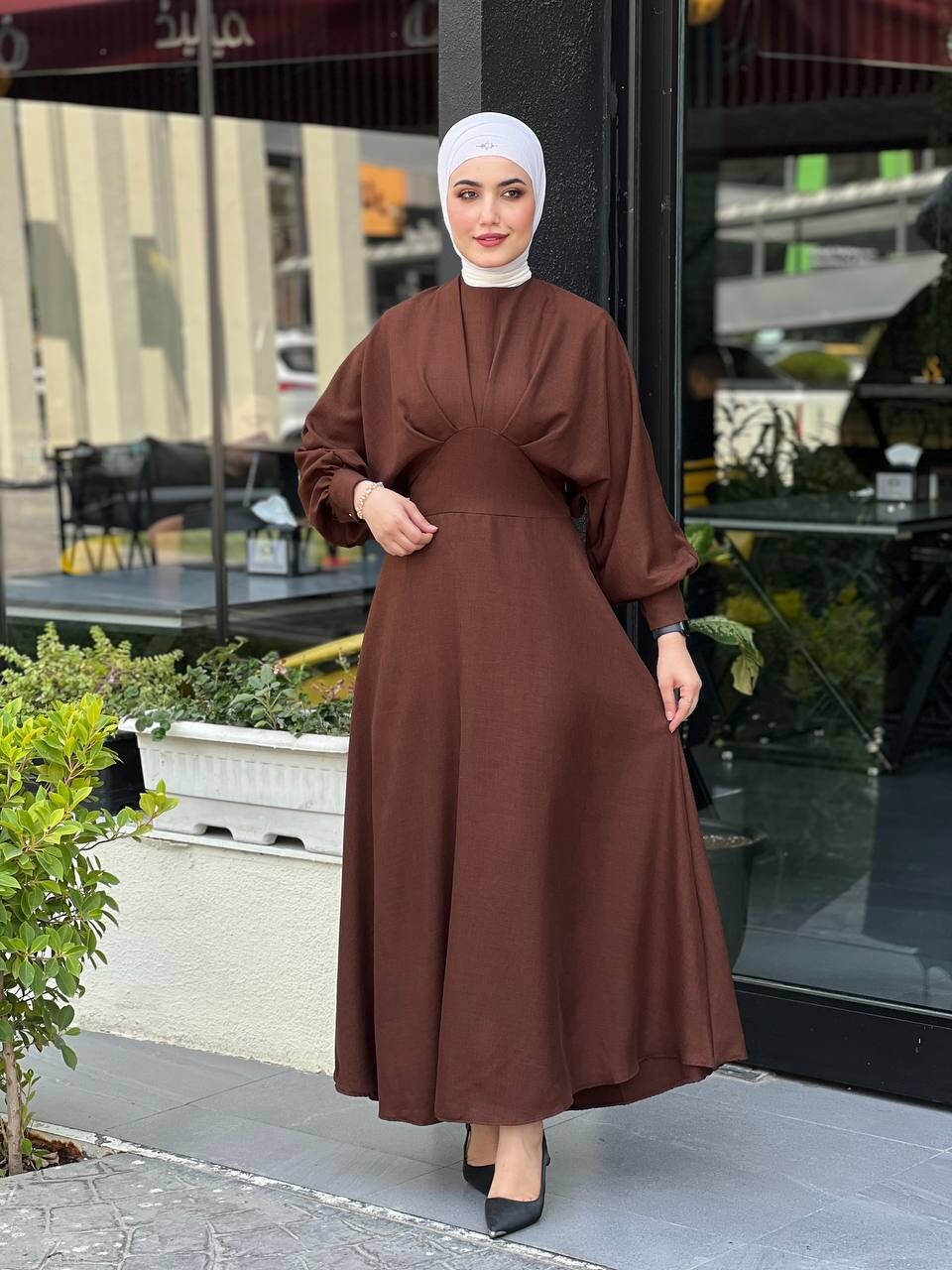 4535-17K-6 فستان لون - جوزي غامق - Thumbnail