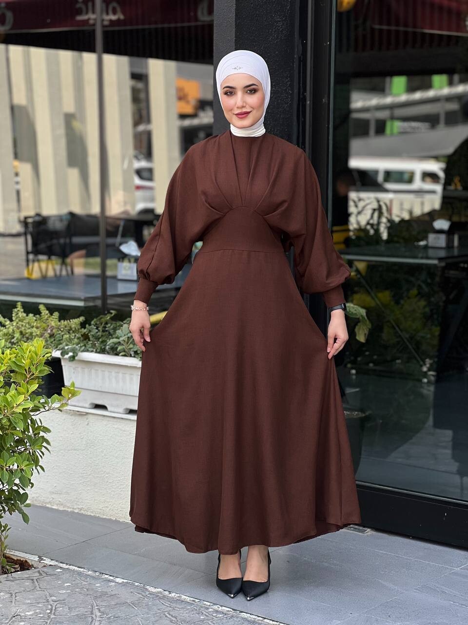 4535-17K-6 فستان لون - جوزي غامق - Thumbnail