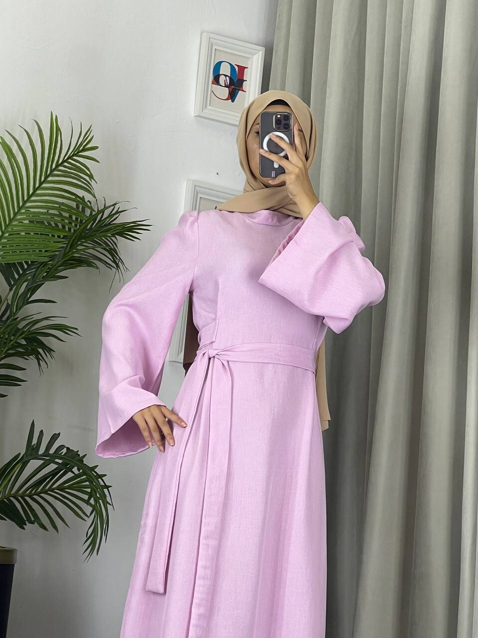 4536-41L- 3 فستان سادة لون وردي فاتح - Thumbnail