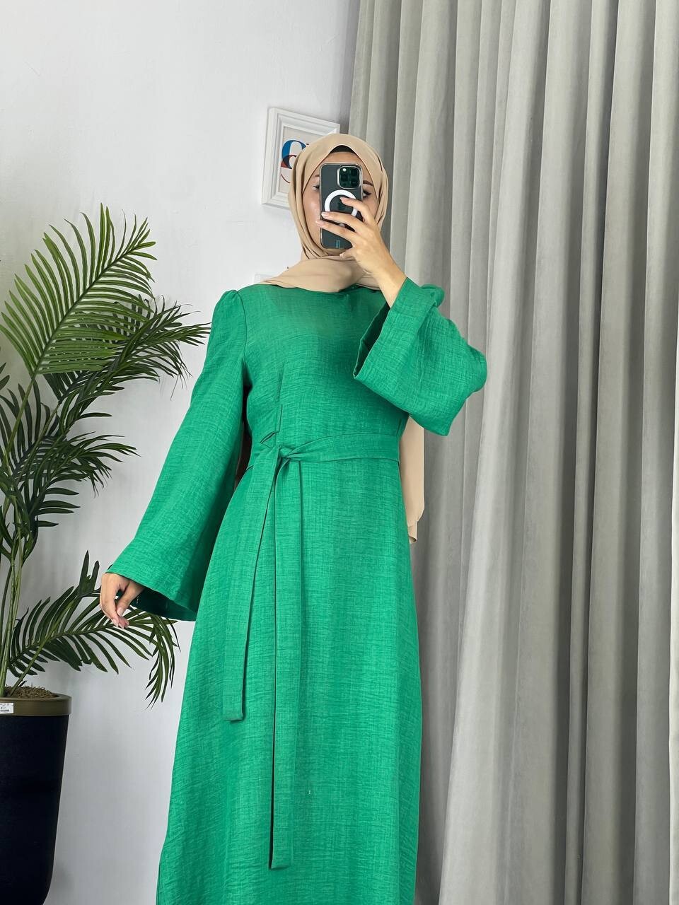 4536-41L-2 فستان سادة لون اخضر - Thumbnail