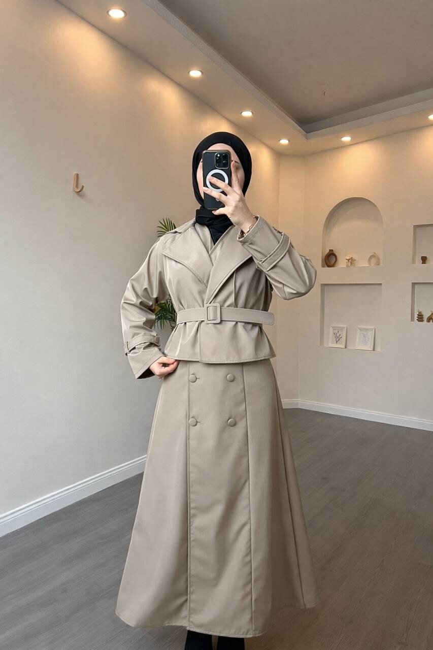 FOR YOU MODA - 4570-21PX-4 فستان قطعتين- زيتي 