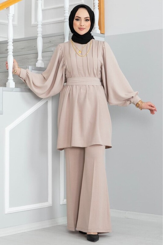 FOR YOU MODA - 4884-30I-2 طقم قطعتين مع حزام - بيج