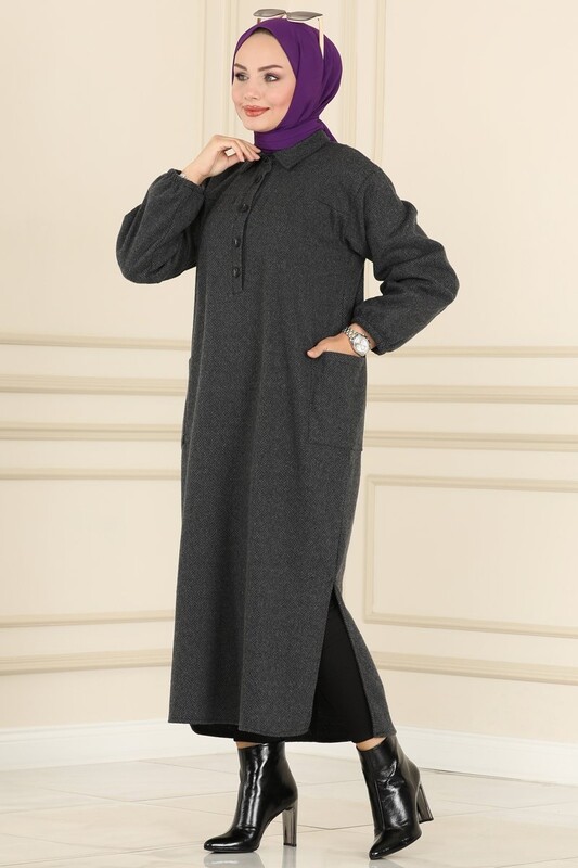 BENG - 4939-PX6-6 فستان ياخة قميص - رصاصي غامق