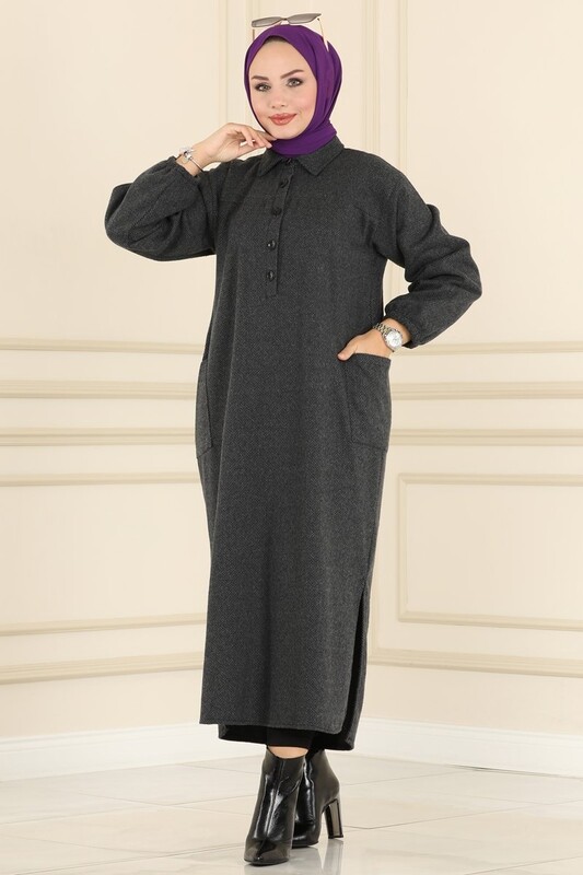 BENG - 4939-PX6-6 فستان ياخة قميص - رصاصي غامق (1)