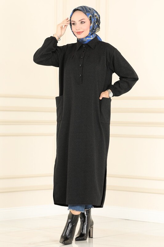 BENG - 4939-PX6-1 فستان ياخة قميص - اسود