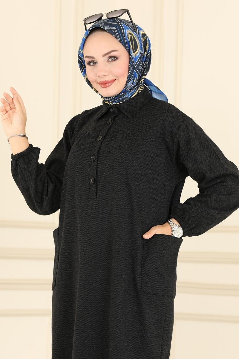 4939-65Z-1 فستان ياخة قميص - اسود - Thumbnail