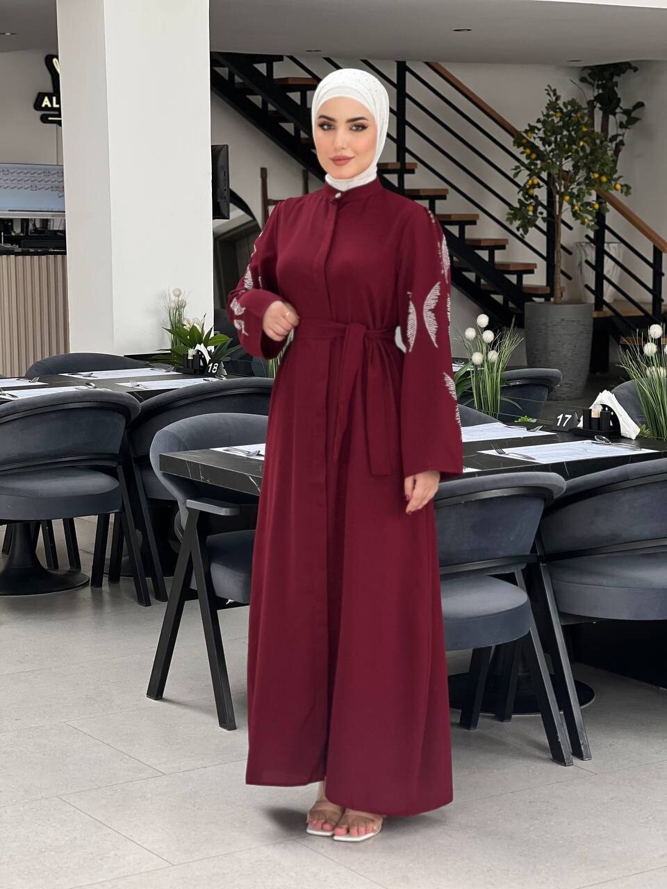 5008-41O-3 فستان لون - ماروني - Thumbnail