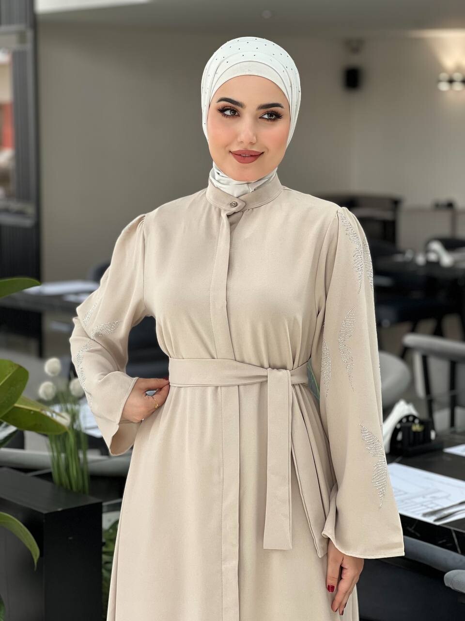 5008-41O-2 فستان لون - اوف وايت - Thumbnail