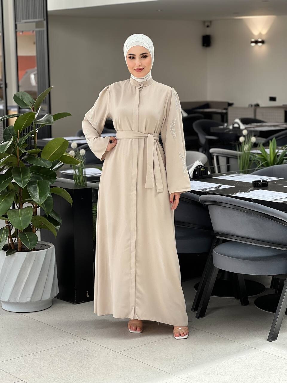 5008-41O-2 فستان لون - اوف وايت - Thumbnail