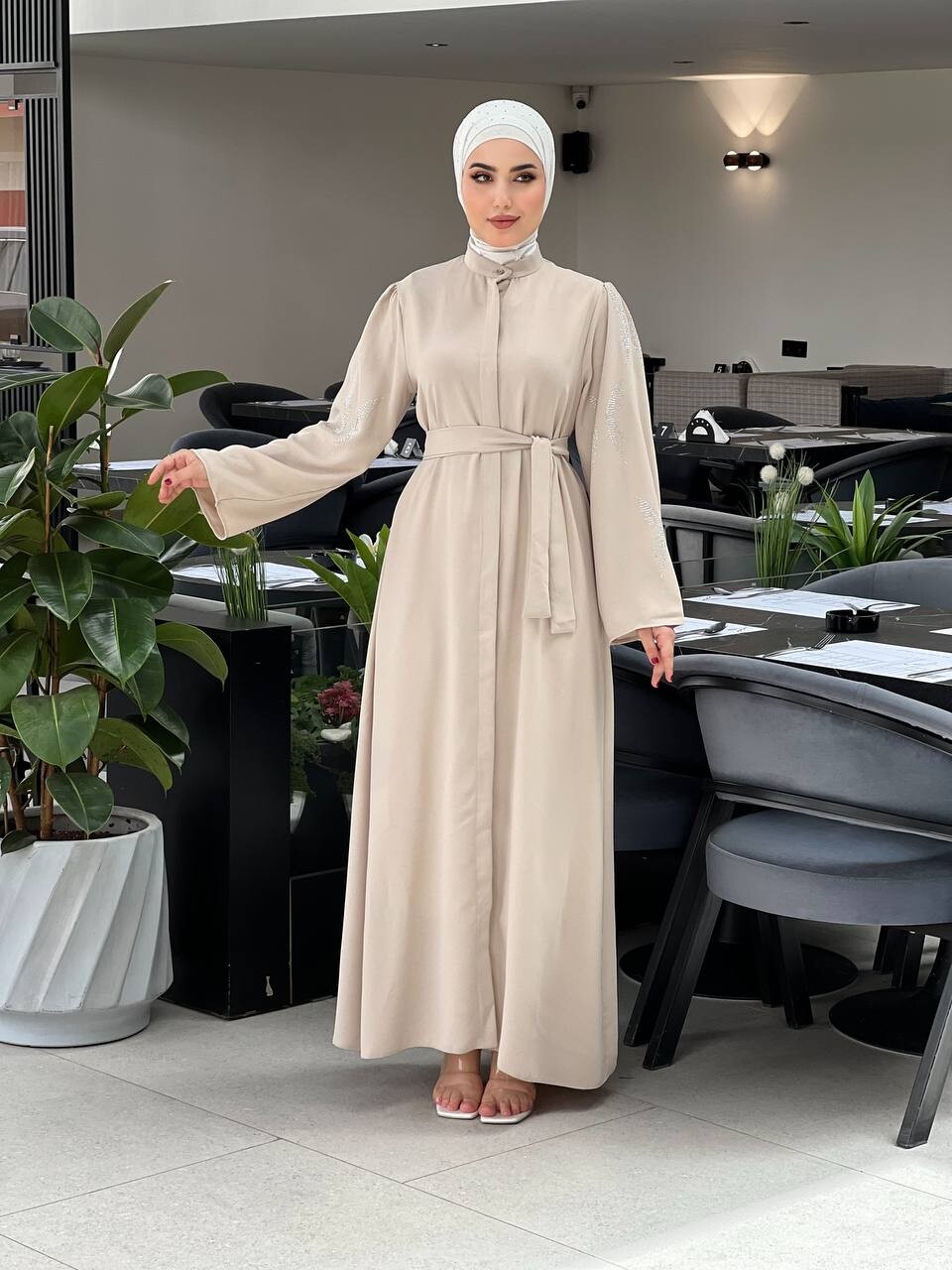 5008-41O-2 فستان لون - اوف وايت - Thumbnail