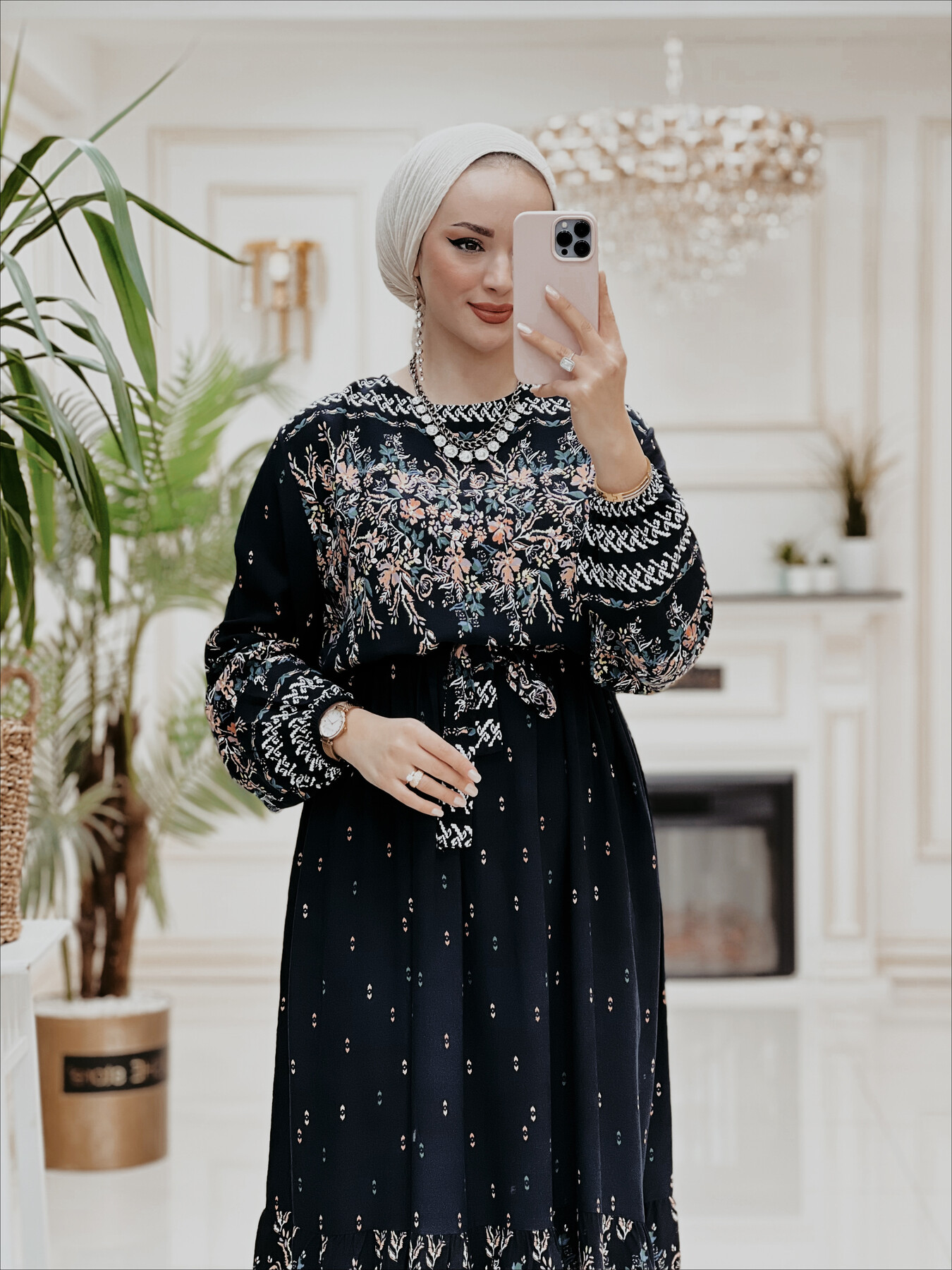 5022-47M-1 فستان نقش - اسود - Thumbnail