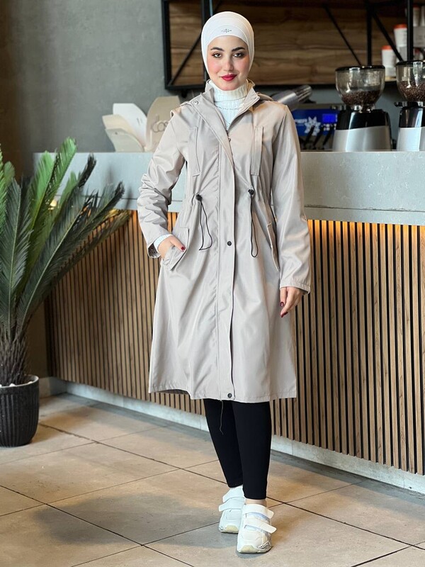 FOR YOU MODA - 5263-45R-3 ترانش كوت مطري ساده مبطن- بيج 