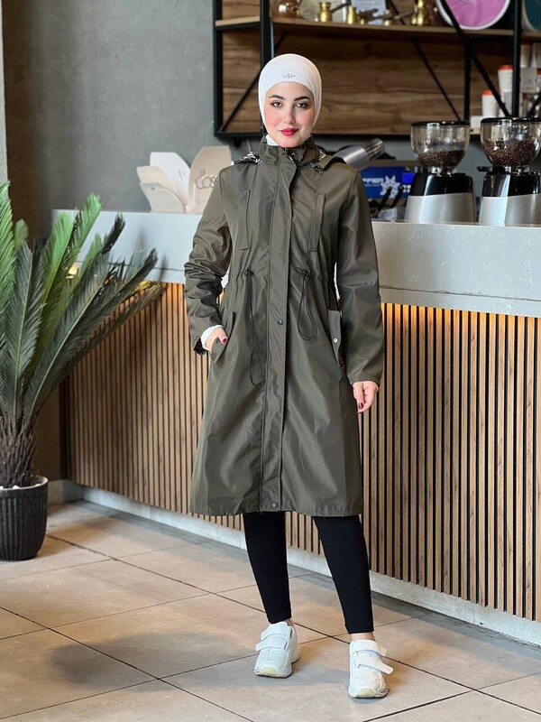 FOR YOU MODA - 5263-45R-3 ترانش كوت مطري ساده مبطن- زيتوني (1)